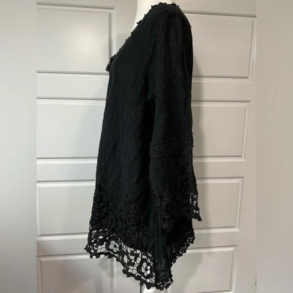 Soft Surrounding Black Embroidered Tunic Crochet Lace Trim Long Sleeve Boho‎ XL